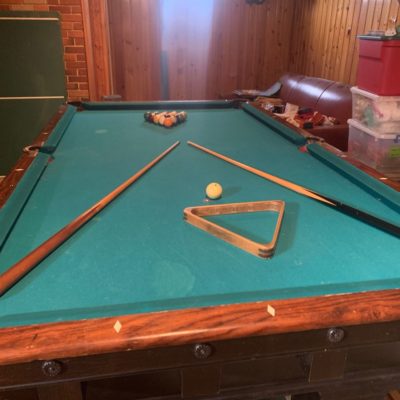 Antiue c1908 Brunswick Monterey Mission Pool Table w/ cues, triangle, balls